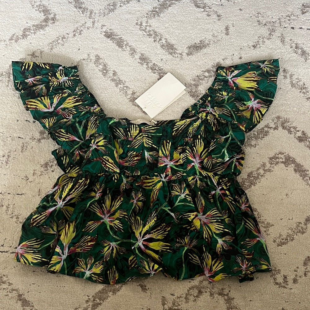 NWT. Ulla Johnson Green Floral Ruffle Top